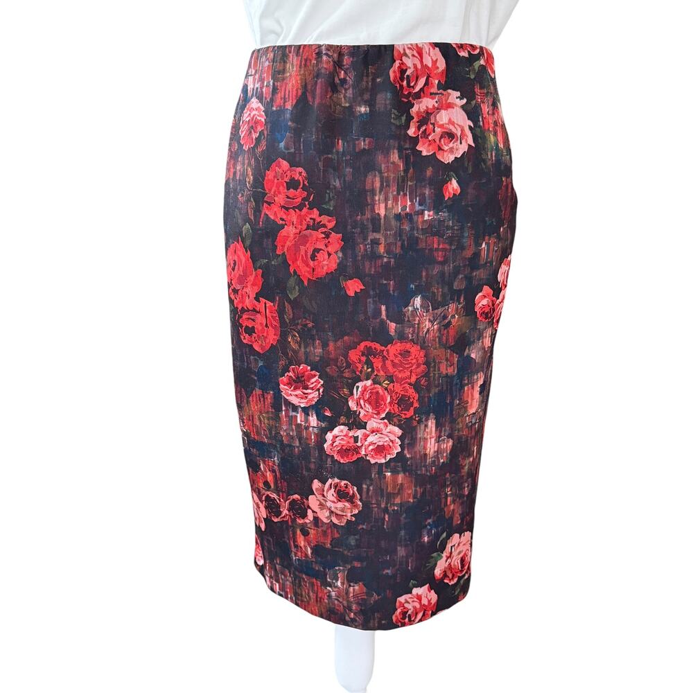 Saks Fifth Avenue Floral Pencil Skirt Midi Womens SP Black Red Rose Stretch